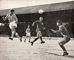 Treacy heads against Ipswich Town in the 1966 match
